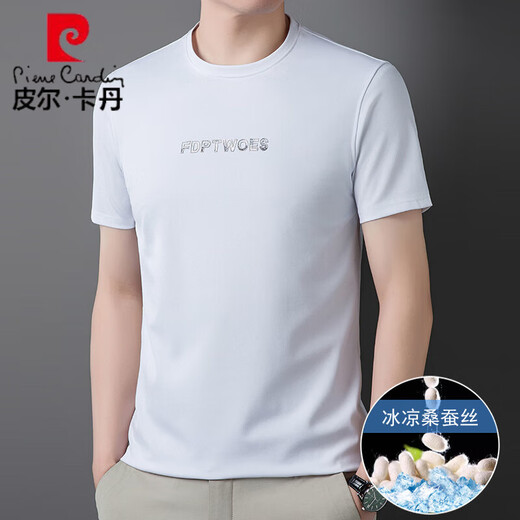 Pierre cardin 2025 new men's short-sleeved T-shirt summer ice silk thin casual mulberry silk solid color half-sleeved top round neck D13603 black M 165