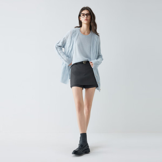 ELLE shopping mall same style sheep wool mohair cable knitted cardigan two-piece set for women 2025 autumn new style light blue M