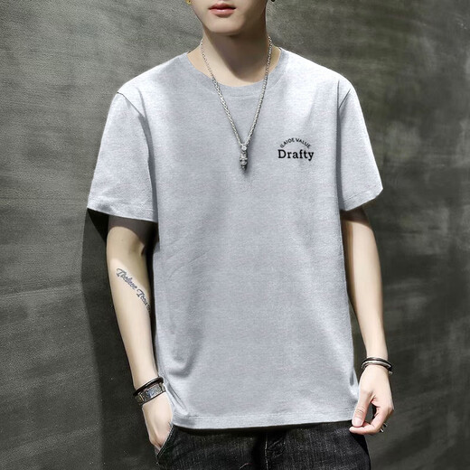 
RVFAN men's short-sleeved T-shirt in summer solid color youth fashion loose round neck pullover casual versatile base shirt large size T733 gray XL