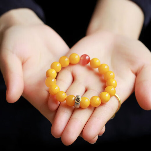 Longyin Beeswax Bracelet Amber Bracelet for Women and Men Baltic Chicken Butter Yellow with 925 Silver Birthday Gift YJ 10mm Thousand-Armed Guanyin Rat