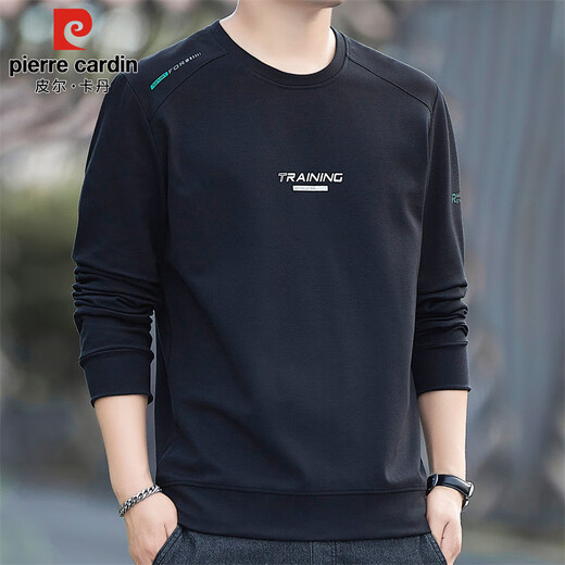 Pierre Cardin sweatshirt men's spring and autumn trendy round neck long-sleeved T-shirt men's loose casual stretch clothing men's black XL