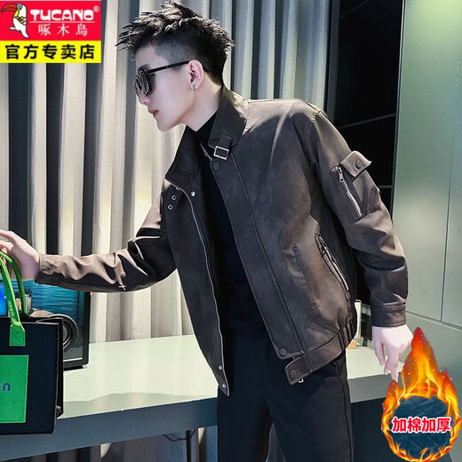 啄木鸟（TUCANO）皮衣外套男秋冬款加厚痞帅美式复古短款皮褂子飞行员机车服夹克衫 咖色 A343-JK180收藏加购优先发 M