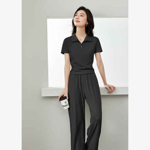 梵希蔓运动休闲套装女夏季新款Polo领t恤上衣阔腿裤两件套 碳灰色 S