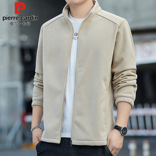 Pierre Cardin Jacket Men's Autumn and Winter Fleece Jacket Men's Stand Collar Solid Color Polar Fleece Warm Men's Khaki XL