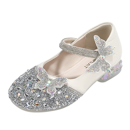 Saturday Girls Princess Shoes Autumn New Girls Soft Soled Small Leather Shoes Butterfly Crystal Shoes Champagne Rice 28
