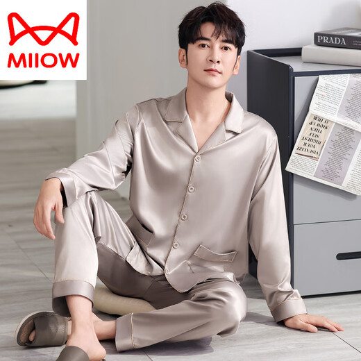 
Catman (MiiOW) Men's Pajamas Summer Ice Silk 2025 New Spring and Autumn Style Thin Long Sleeve Imitation Silk Summer Home Clothing Set 1098# L [Suggested 100-135Jin [Jin equals 0.5 kg]]