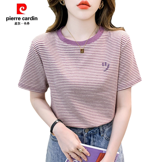 皮尔卡丹（PIERRE CARDIN）条纹短袖t恤女宽松韩版女装2025年夏季新款百搭体恤圆领半袖上衣 红色 9928 S 建议80-95斤