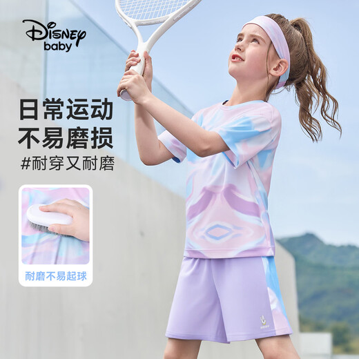 Disney baby迪士尼女童速干套装儿童短袖短裤两件套中大童装运动服夏 紫色130