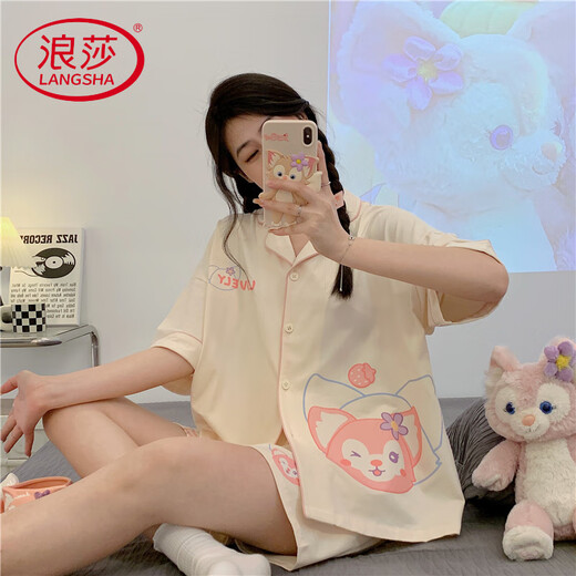 浪莎轻奢2025年新款睡衣女款夏季纯棉短袖短裤夏天少女生夏款女士家居 12347带胸垫 2XL 130-150