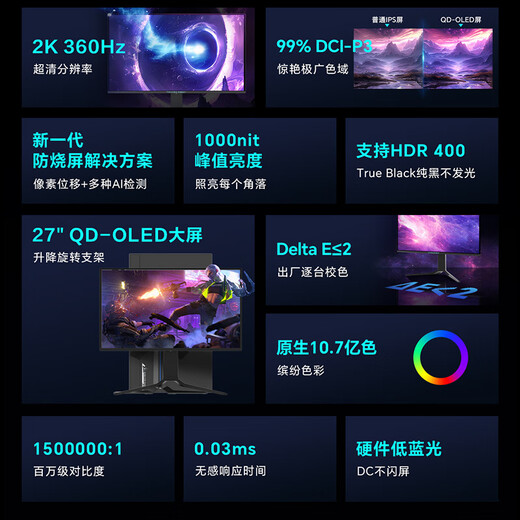 雷神26.5英寸 2K OLED 360Hz 硬件低蓝光 0.03ms HDR1000nit 15W反向充旋转升降电竞显示器DQ27F360E