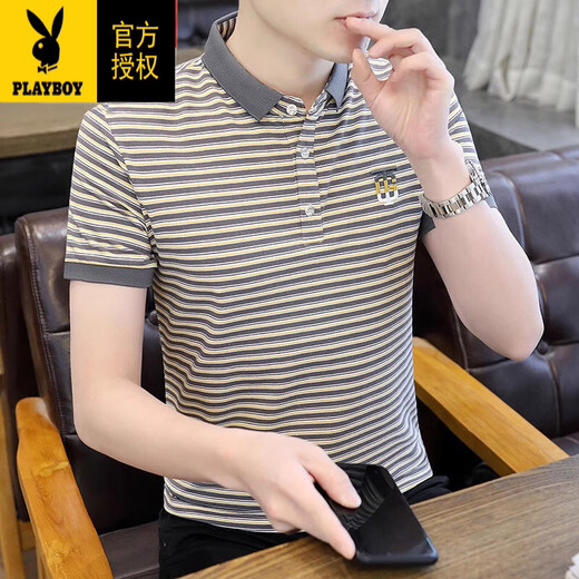 花花公子（PLAYBOY）男士条纹短袖t恤夏季薄款纯棉polo.衫休闲时尚半袖翻领体恤顺滑 6626灰色 3XL 150斤左右