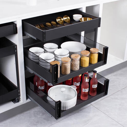 Sanqi Hufeiou kitchen cabinet dishes pull basket storage three-layer flat basket drawer snack storage tool basket can be deepened and customized 250 cabinet black three-layer flat basket 2+1585 depth