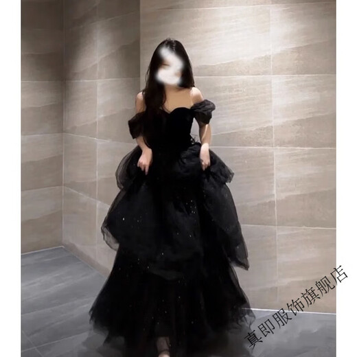 True Black Evening Dress 2025 New Light Luxury Niche High-end One-shoulder Adult Ceremony Graduation Performance Female Black S