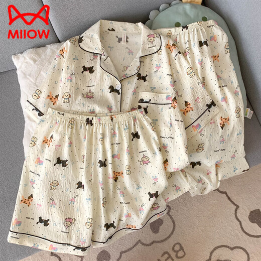 Cat Man (Miiow) reines Baumwoll-Pyjama für Frauen im Sommer Dünne Gaze kurzärmelige japanische Ins Welpen-Strickjacke mit drei Teilen Set Home Clothes Spring Yunduo Cotton-9906# Star Puppy PUPPY DRÜCK SET SET [Vorschlag 75-100jin [Jin gleich 0,5 kg]]