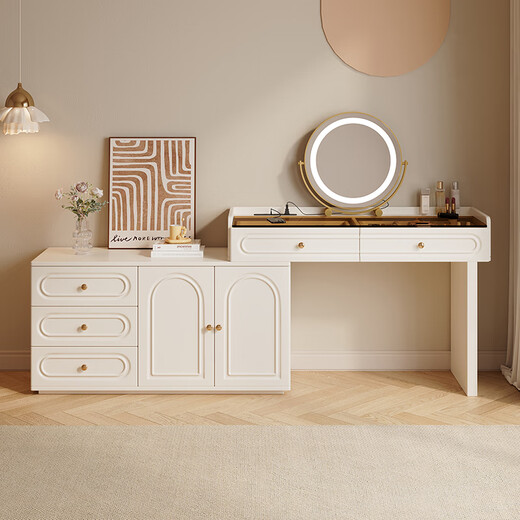 Stamen light luxury cream style dressing table and drawer integrated bedroom retractable corner with USB socket visual dressing table 1.2m drawer + 1.2m dressing table + USB + three-color mirror, installation included