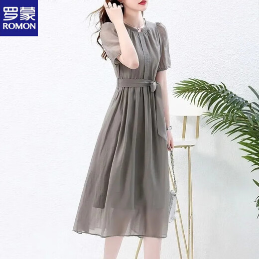 
ROMON high-end dress for women summer 2025 new temperament, fashionable waist-hugging slim and slim and unique gray skirt. Gray XL 117-127Jin[Jin equals 0.5 kg]