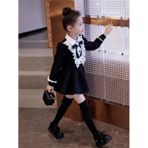 Burwilde international brand girls' preppy dress 2025 spring and autumn style children's fashionable princess dress for women Bow Hepburn black bow dress (gift box) 160 recommended 145-155cm
