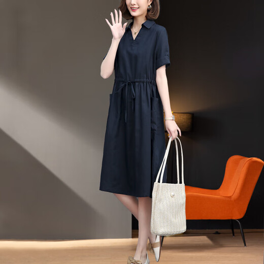 Homesee overseas light luxury high-end dress cotton linen thin fat mm age-reducing large size women's belly-covering and slimming linen long skirt V-neck navy blue 6628 XL (approximately suitable for 131-140 Jin [Jin equals 0.5 kg])