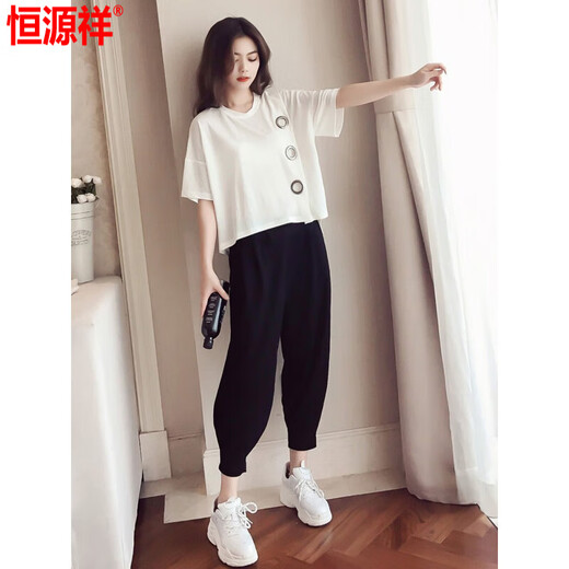 恒源祥休闲套装女大码胖mm哈伦裤2025夏新款洋气显瘦遮肚运动两件套 黑色《9928》 M 《建议80-100》