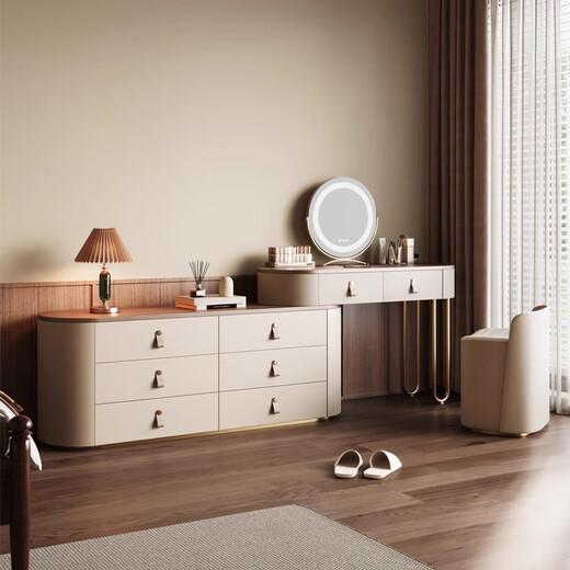 Shijiwu Dressing Table Retro Style Light Luxury French Bedside Cabinet Bedroom Modern Simple High-End Solid Wood Master Bedroom Dressing Table 120*45*75cm Dressing Table Six Drawers Cabinet + Mirror + Stool