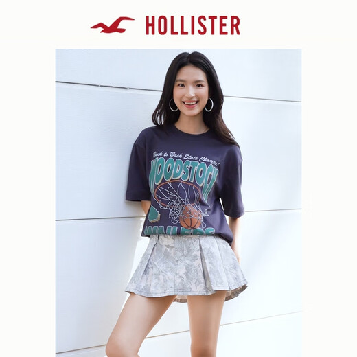 HOLLISTER【凉感印花T】25夏新款情侣宽松T恤男装女装KI323-5008 褪色黑色 S (175/92A)