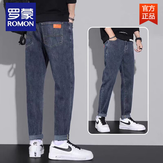 ROMON autumn jeans men's loose straight-leg trendy brand men's new elastic casual trousers spring and autumn casual jeans 6621B black style plus velvet 36