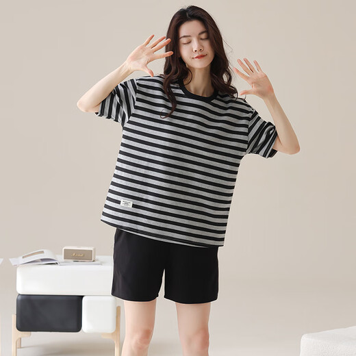 红豆（Hodo）2025睡衣女夏季短袖短裤黑色条纹休闲可外穿简约家居服套装 XYZT9885_套装 M _建议75-95斤