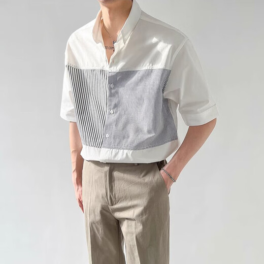 Scarecrow (MEXICAN) summer ice silk cool cotton and linen light luxury style Henry collar short shirt trendy men's stripes white L (110-130Jin Jin equals 0.5 kg)