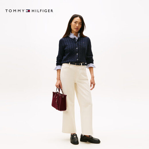 Tommy Hilfiger [Kabeltextur] 25 neue Herbst- und Winter -Streifenpullover für Frauen mit fester Farbe Runde Hals Strickjacke [Kabel -Strickjacke] Marine Blue DW5 XS (Empfohlen: 100 Jin [Jin entspricht 0,5 kg] oder weniger)