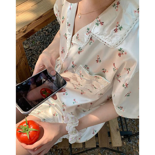 欧伦黛ins新款碎花冰丝睡衣女夏季薄款小清新休闲少女家居服套装可外穿 套YFY9901【丝滑凉感型】 M 【建议80-100斤】