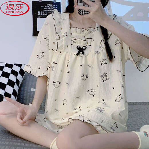 Langsha Japanischer Pyjama für Frauen im Sommer kurzärmeligte Baumwoll Gaze Zwei-teilige Ins-Prinzessin-Stil süße frische lässige Home-Kleidung XB_844# Pink Love XL [115-130jin [Jin gleich 0,5 kg]]