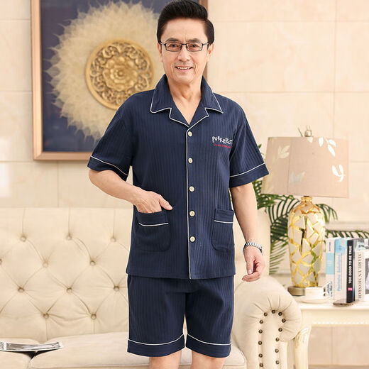 雅鹿中老年爸爸妈妈情侣纯棉睡衣男女夏季短袖七分裤夏天开衫家居服 单女N9871 M 单女[建议80-95斤]