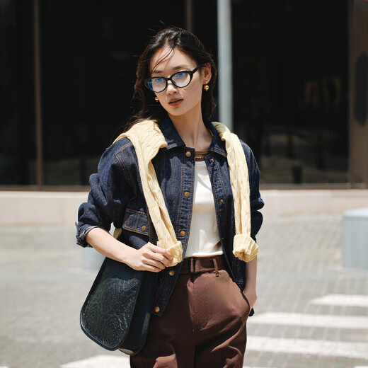 
EP Yaying 2025 early autumn new product, long velvet cotton retro washing denim jacket short jacket J103A Navy S