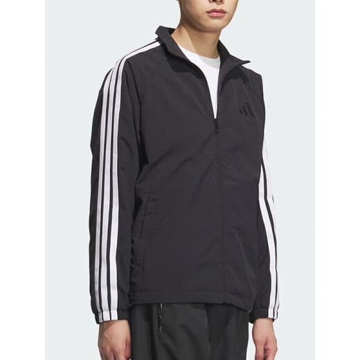 
Adidas jacket men's 2025 spring new fitness training sportswear stand collar windproof casual woven jacket top KC3892 black/white L
