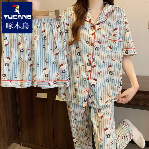 Specht KT Cat Pyjamas für Frauen im Sommer kurzärmelig, reine Baumwoll-Drei-teilige Set 2025 New Cartoon Cette Student Home Clothes #FS-Drei-Stück-Set 14122 m [75-95jin [Jin gleich 0,5 kg]]]