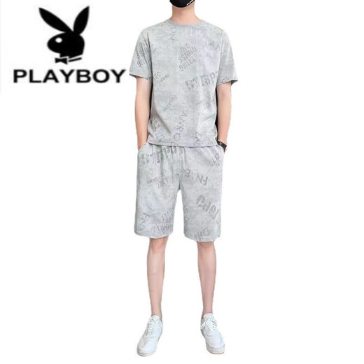 花花公子（PLAYBOY）纯棉2023新款冰丝短袖T恤套装男士休闲运动两件套男装宽松夏季潮 671浅灰色套装 M 80斤-110斤