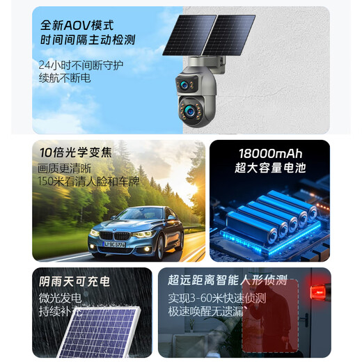 EAKUN太阳能AOV光学变焦摄像头免充值室外无网无电双监控器360度无死角全彩夜视全景手机远程户外摄像机
