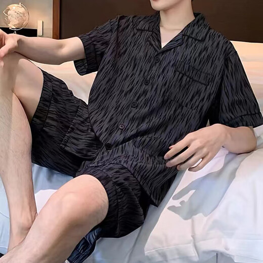 霖曼柔男生睡衣夏季薄款短袖短裤黑色条纹加大码开衫家居服两件套可外穿 681#双短男装大熊猫 2XL 【130-150斤】