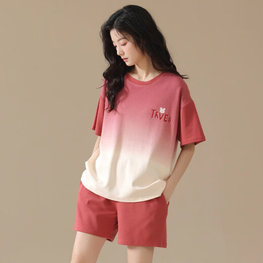 浪莎（LangSha）100%纯棉睡衣女套装短袖学生全棉可外出门夏天小个子家居服 Y9854 M 【推荐75-95斤穿】