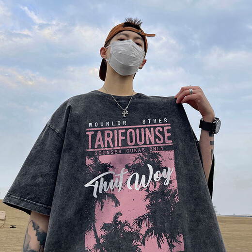 Camiseta de manga corta para hombres para hombres en verano 280 gramos pesado lavado para hombres HIP-HOP HIP-HOP de gran tamaño Camiseta de media manga de la mano T733 Lavado negro M