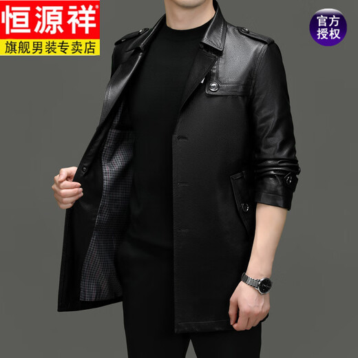 Hengyuanxiang cortavientos de marca de alta gama chaqueta de cuero informal de mediana edad y longitud media para hombres abrigo de primavera y otoño para papá abrigo exterior con solapa de primavera longitud media negro de un solo pecho 3XL 190/108A