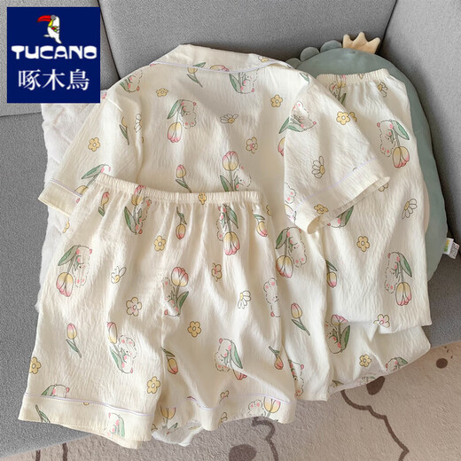 Pic pyjamas de lapin tulip mignon pour femmes en été mince coton pur gaze de coton court à manches à manches douces à la maison sweet à la maison en trois pièces yunduo cotton-j9901 # Paradise chiot trois pièces.