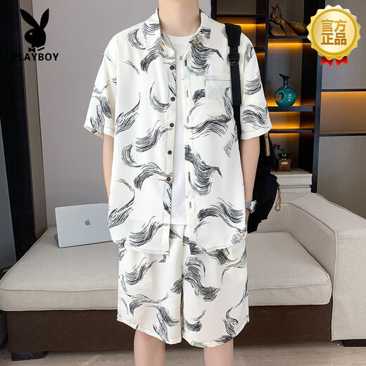 Playboy (Playboy) Suit de chemise à manches courtes en mousseline de mousseline haut de gamme Suit à manches courtes de voyage d'été masculin et shorts de plage de vacances associés à une chemise 679 mètres blancs blanc xl 125-140jin [Jin est égal à 0,5 kg]