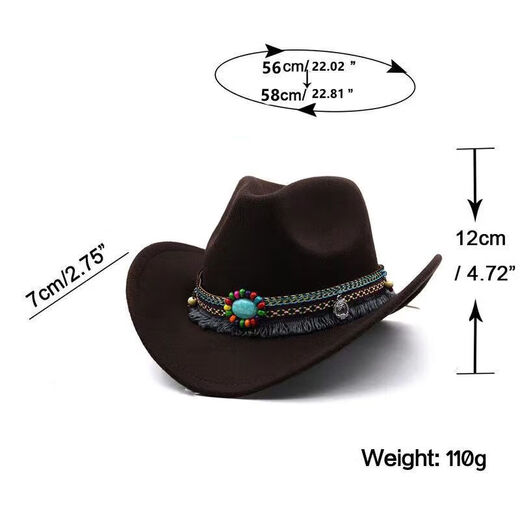 Qingyou Western Cowboy Hut Einfacher Randhut Woll Jazz Hut Britischer Stil Top-Hut Nationaler Stil Gürtel Solid Color 11 White M (56-58 cm)