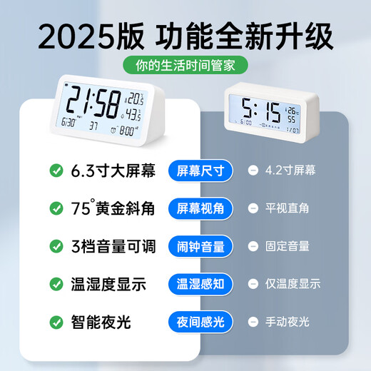 Max Alarm Clock Student Temperature and Humidity Large Screen Rechargeable Electronic Intelligent Luminous Children's Wake-up Special Artifact LCD Bedside Clock Must-Have Q198 White Back-to-School Season New Year's Gift