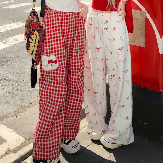 森女部落甜美风格子宽松阔腿裤百搭长裤高腰休闲裤女2025初夏穿搭 红色休闲裤（单件） S