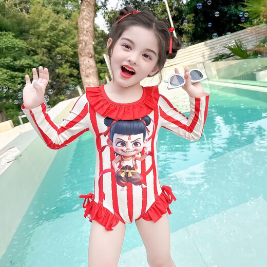 Bamaitu Nezha swimsuit 2025 new children's Nezha one-piece swimsuit for baby girls summer long-sleeved sun protection quick-drying swimming red Nezha 90