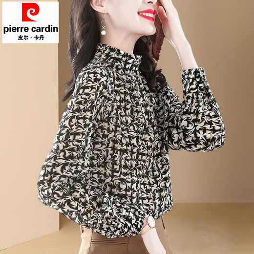 Pierre Cardin Spring 2025 New Spring Autumn Bottoming Top Shirt Chiffon Women's Shirt Spring and Autumn Floral High Neck Color Counter Western Style 3XL