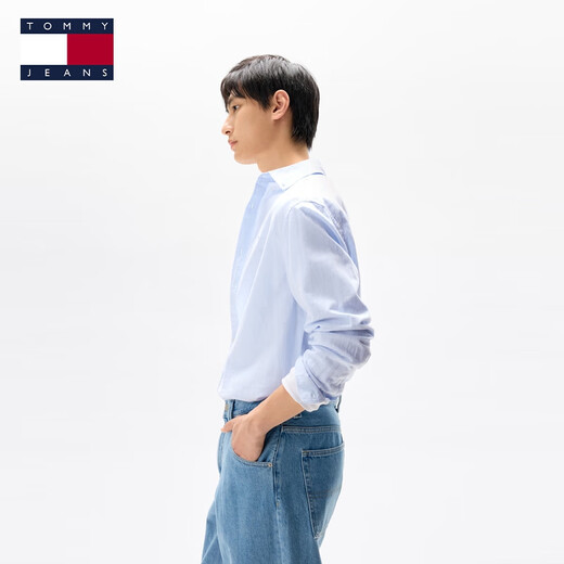 TOMMY JEANS cotton and linen blend autumn and winter men's solid color business casual simple resort style long-sleeved shirt jacket light blue C3Q M