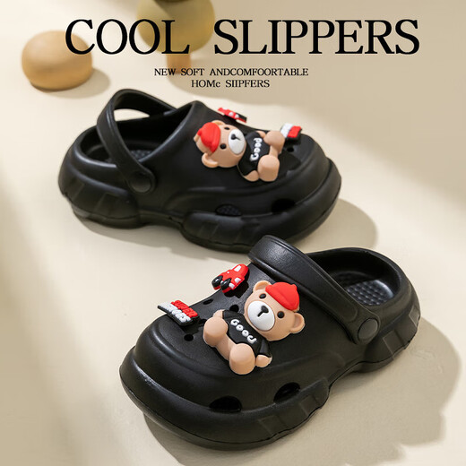 EVA children's Crocs cartoon bear summer sandals for boys and girls, middle and large children, indoor and outdoor wear, thick soles, non-slip, pink 34, inner length 20cm